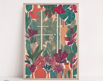 Botanical Window Art Print: Retro Maximalist Fall Decor (Digital Download)