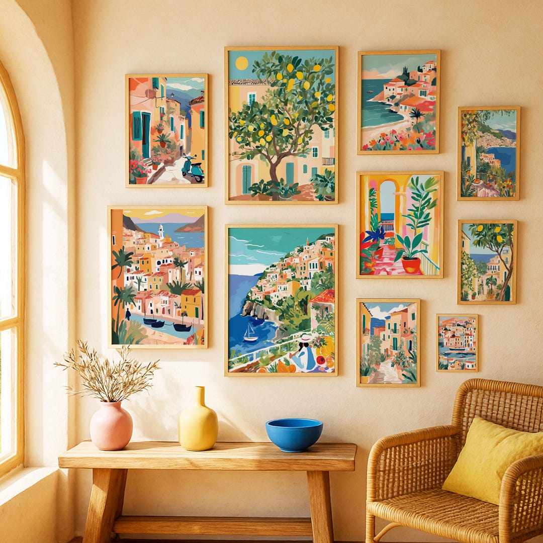 Italian Coastal Print Set: Mediterranean Village & Lemon Tree Art ...