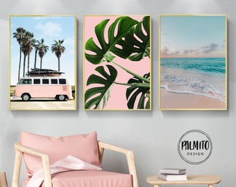 Pink coastal printable wall art, beach wall art set, digital download