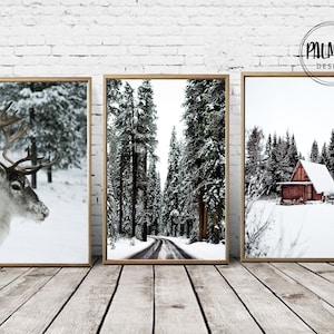 Conjunto de arte de parede para impressão de inverno com 3, conjunto de arte de parede de Natal nórdico, decoração de parede de galeria de inverno, impressão de cabine de neve, fotografia de renas