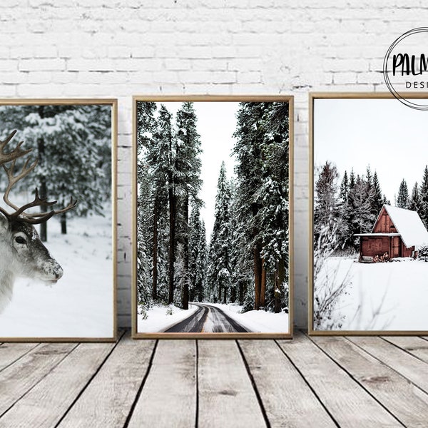 Winter printable wall art set of 3, Nordic Christmas Wall Art Set, Winter Gallery Wall Decor, snowy cabin print, Reindeer Photography