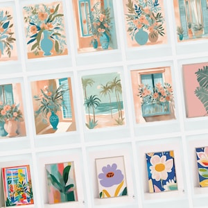 May include: A collection of framed art prints featuring floral arrangements in vases, coastal scenes with palm trees, and window views with flowers. The color palette includes shades of blue, peach, and green, creating a cohesive and artistic aesthetic.