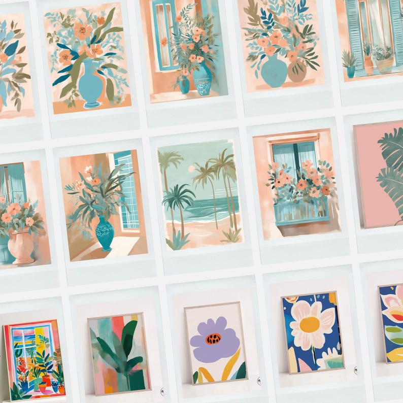 May include: A collection of framed art prints featuring floral arrangements in vases, coastal scenes with palm trees, and window views with flowers. The color palette includes shades of blue, peach, and green, creating a cohesive and artistic aesthetic.