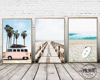 Pastel beach set of 3 printable wall art, beach wall decor, pink vintage van print, digital download, Beach Path Poster, Summer Decor