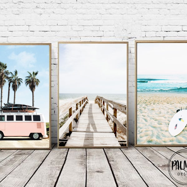 Pastel beach set of 3 printable wall art, beach wall decor, pink vintage van print, digital download, Beach Path Poster, Summer Decor