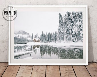 Winter Log Cabin Printable Wall Art, Pine Trees Print, Evergreen Tree , Christmas Printable Wall Decor, Winter Landscape Winter cabin print