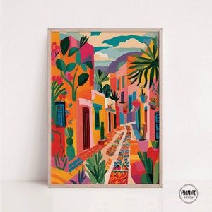 Art mexicain coloré vibrant, art mural imprimable lumineux, téléchargement numérique, impression de maisons colorées, illustration de rue, impression audacieuse