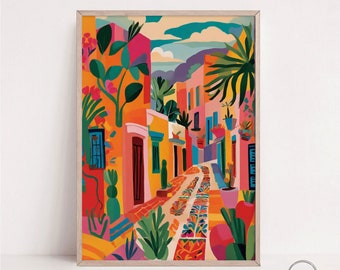 Vibrant colorful mexican art, bright printable wall art, digital download, colorful houses print, Street illustration, bold print