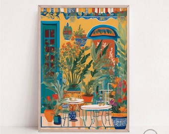 Impression d'art colorée de façade de café : affiche de café botanique (téléchargement numérique)