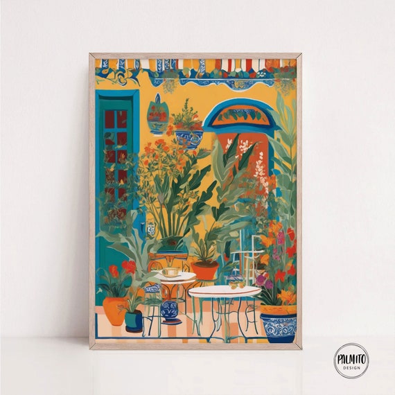Colorful Cafe Facade Art Print: Botanical Coffee Shop Poster