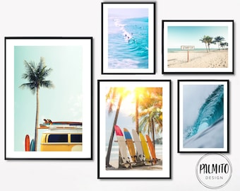 Beach themed decor, set of 5 surf posters, Surf nursery decor, Surfboard wall art, Colorful digital art, yellow vw van printable wall art