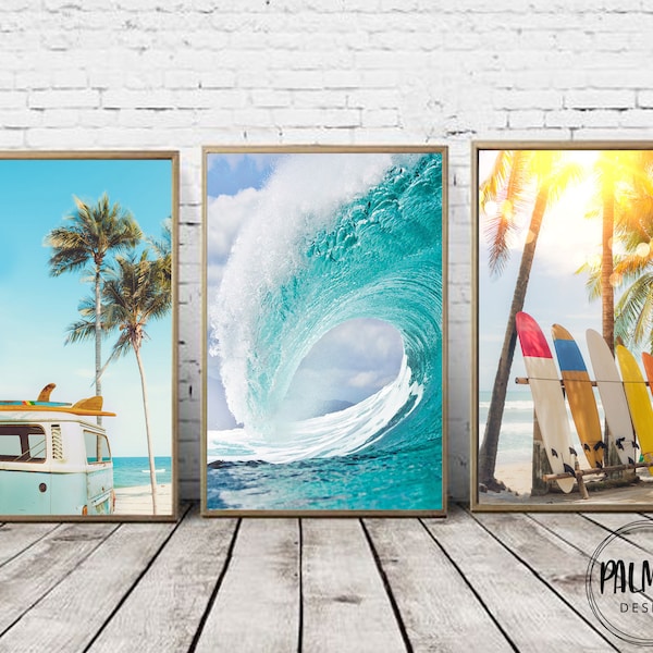 Set of 3 printable wall art, Coastal decor, Surf prints, Surfboard wall art, Vintage van print, Wave digital print