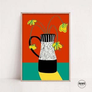 Póster colorido, impresión de jarrón, arte mural botánico abstracto, impresiones digitales coloridas, arte de colores vibrantes, arte mural imprimible, arte floral