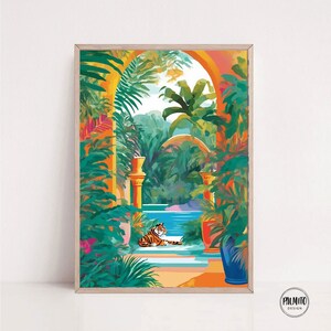Puede incluir: Una pintura colorida de un tigre sentado en un exuberante jardín tropical con un arco y una piscina. El tigre es naranja y negro con rayas blancas. El jardín está lleno de plantas y flores verdes. El arco es amarillo y naranja. La piscina es azul.