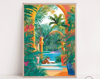 Impression jungle tigre tropical : oeuvre d'art murale colorée vue plage (téléchargement numérique)