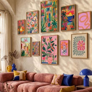 Ensemble mural coloré de galerie, art mural floral, art mural lumineux, décoration maximaliste, art mural éclectique, ensemble de 10 impressions