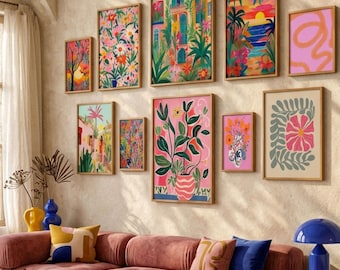 Colorful gallery wall set, Floral wall art, bright wall art, maximalist decor, eclectic wall art, Set of 10 prints
