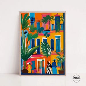 Art mural imprimable à la gouache colorée | Rue animée avec des femmes cubaines, téléchargement numérique botanique, façade de bâtiment lumineuse, art audacieux