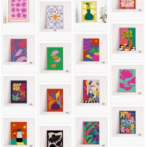May include: A collection of framed art prints featuring colorful floral and abstract designs. The prints showcase various flowers, vases, and abstract shapes in vibrant hues like pink, blue, green, and orange. The art style is modern and decorative.