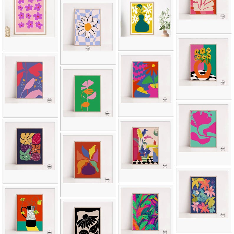 May include: A collection of framed art prints featuring colorful floral and abstract designs. The prints showcase various flowers, vases, and abstract shapes in vibrant hues like pink, blue, green, and orange. The art style is modern and decorative.