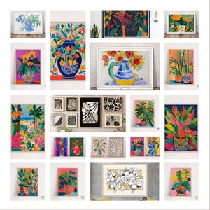 May include: A collection of framed art prints featuring colorful floral and botanical illustrations. The artwork includes vases of flowers, tropical plants, and abstract designs in various styles and color palettes, suitable for home decor.