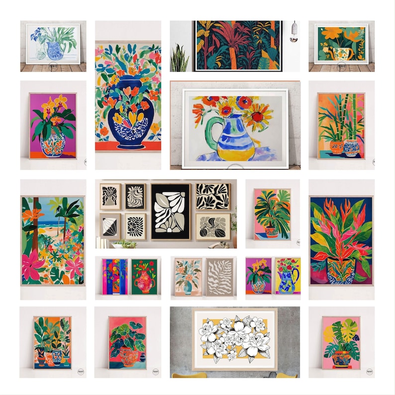 May include: A collection of framed art prints featuring colorful floral and botanical illustrations. The artwork includes vases of flowers, tropical plants, and abstract designs in various styles and color palettes, suitable for home decor.