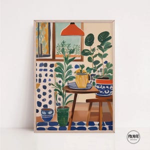 Arte de pared imprimible, pintura botánica colorida / cocina con plantas en macetas, colores llamativos y vibrantes / descarga digital, oficina colorida