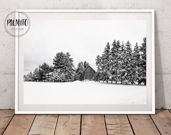 Impresión de arte mural de bosque blanco invernal, arte mural navideño, póster nórdico de nieve, decoración de pared navideña, imprimible de bosque invernal, impresión de pinos