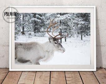 Winter Reindeer Print, Winter Instant Download, Christmas Scene Deer Wall Art, Winter Christmas Wall Decor, Scandinavian christmas print