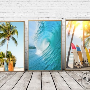 Set of 3 surf and beach wall decor printables, Colorful coastal decor for nursery room with a big wave a palm tree and surfboards prints