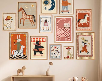 Toddler Room Prints, Vintage Animals Nursery Posters, Baby Folk Wall Art Set (Digital Download)