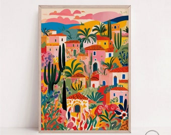 Colorful Houses Landscape Art Print: Pink, Yellow, Green Decor (Digital Download)