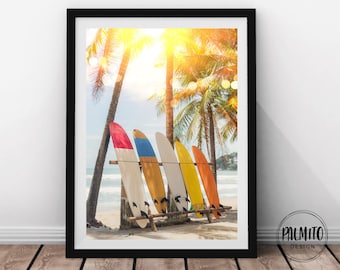 Surfboard Beach Print: Retro Palm Tree Poster (Digital Download)