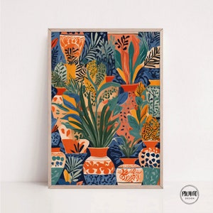 Impresión colorida de arte de pared imprimible, abstracto floral de jarrón mediterráneo, descarga digital, arte brillante, impresión colorida, ilustración botánica
