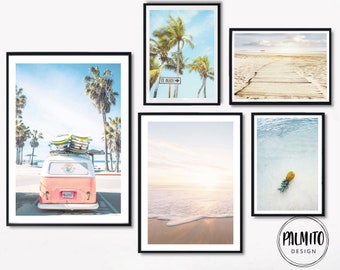 Pastel Beach Prints Set: Surf Van, Palm Trees, Ocean Art (Digital Download)