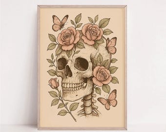 Vintage Gothic Skull Print: Botanical Skeleton, Roses & Butterflies (Digital Download)