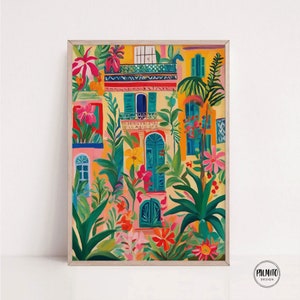 Fachada colorida y vibrante, arte mural floral imprimible, descarga digital, arte mural brillante, impresión colorida, ilustración botánica, impresión llamativa