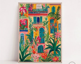 Vibrant colorful facade, Floral printable wall art, digital download, bright wall art, colorful print, Botanical illustration, bold print