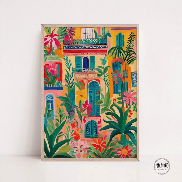 Vibrant colorful facade, Floral printable wall art, digital download, bright wall art, colorful print, Botanical illustration, bold print