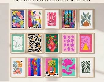 Conjunto de arte mural de galería ecléctica: 20 vibrantes estampados florales (descarga digital)