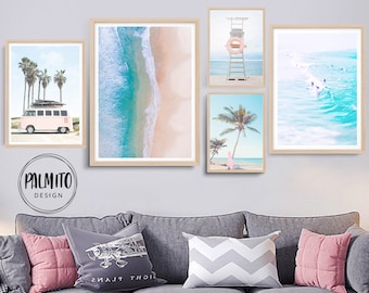 Set of 5 coastal printable wall art, pink beach prints, surf prints, pink vintage van print, ocean print, beachy decor, pink surfboard