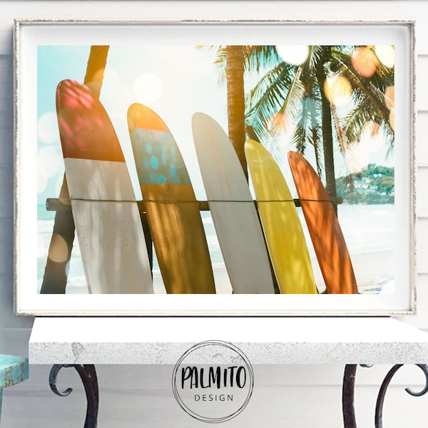 Colorful surfboards printable wall art, Beach surfboards poster, Surf print, Retro beach print, Surfboard and palm tree print, Surfer art