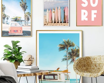 May include: A set of four framed prints featuring a vintage van, palm trees, and surfboards. The prints have a retro, beachy aesthetic.