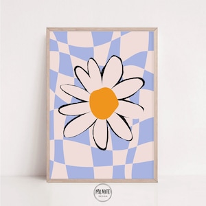 Impresión de margaritas retro, arte de pared imprimible con flores pastel, impresión de arte floral, descarga instantánea, impresión de arte de pared de los años 70, póster de flores onduladas