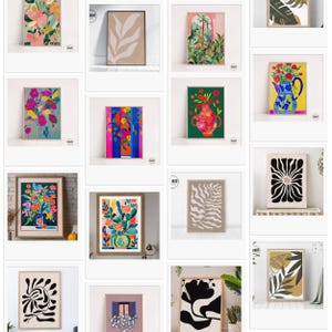 May include: Collection of framed art prints featuring botanical and abstract designs. The artwork includes colorful floral arrangements, leaf patterns, and abstract shapes in various styles and color palettes, suitable for home decor.