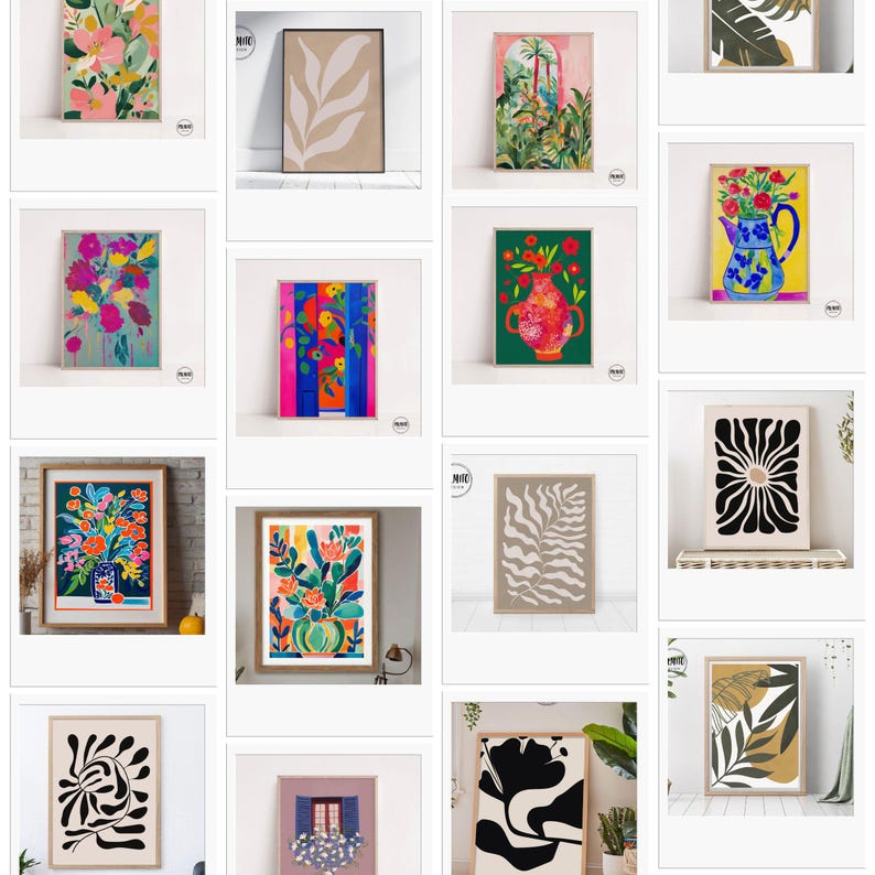May include: Collection of framed art prints featuring botanical and abstract designs. The artwork includes colorful floral arrangements, leaf patterns, and abstract shapes in various styles and color palettes, suitable for home decor.