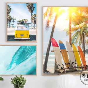 Wall Art Set Of 3 Gallery Coastal Set, yellow Beach Wall Art, Digital Surf Ocean, Modern surf prints, Sea Palm Tree, Surfboards Poster