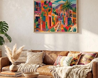 Custom 43x30 inches Vibrant colorful mexican art, bright printable wall art, digital download, colorful houses print