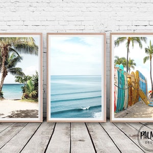 Beach Wall Art Set: Surfboard, Ocean, Palm Tree Prints (Digital Download)