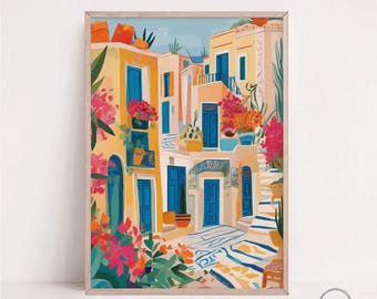 Santorini Greece Art Print: Colorful Village Landscape (Digital Download)